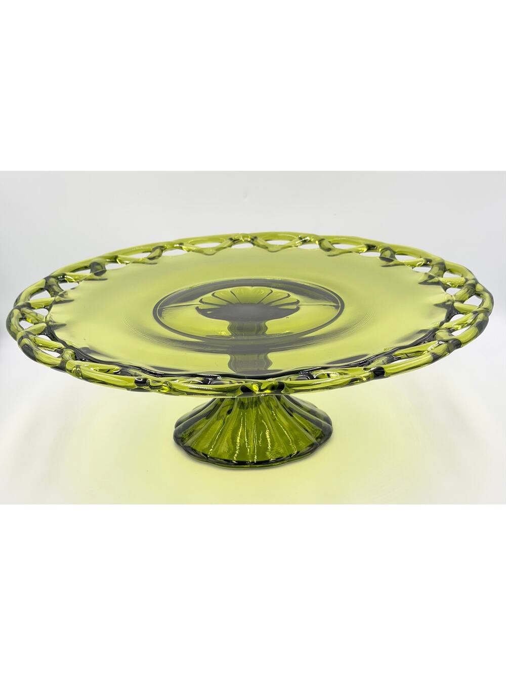 1950s Pitman-Drietzer Glass Avocado Green Cake Stand "Colony Lace" 14" Plate